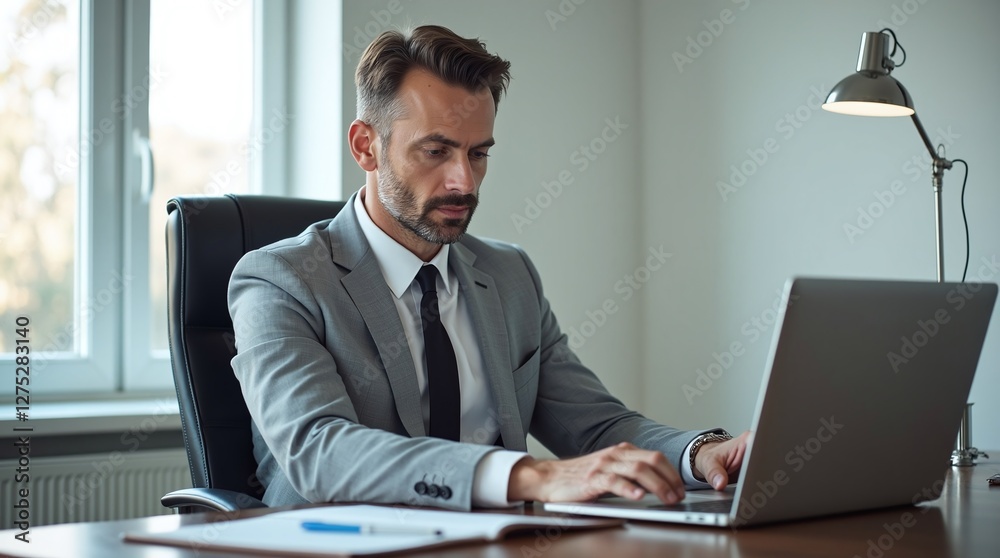 A businessman in the office with a laptop. A businessman in the office with a laptop.