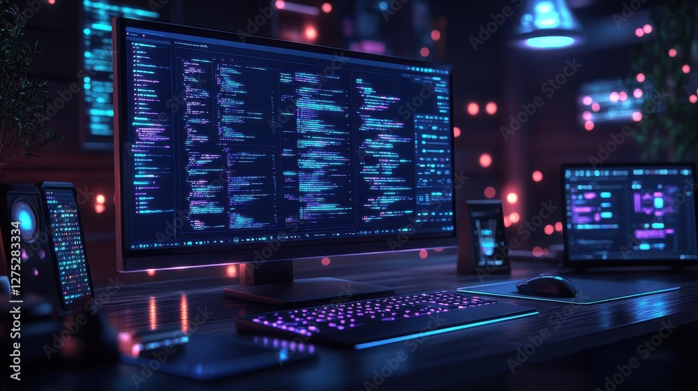 Modern Workspace with Computer Screens and Futuristic Coding Display Modern Workspace with Computer Screens and Futuristic Coding Display