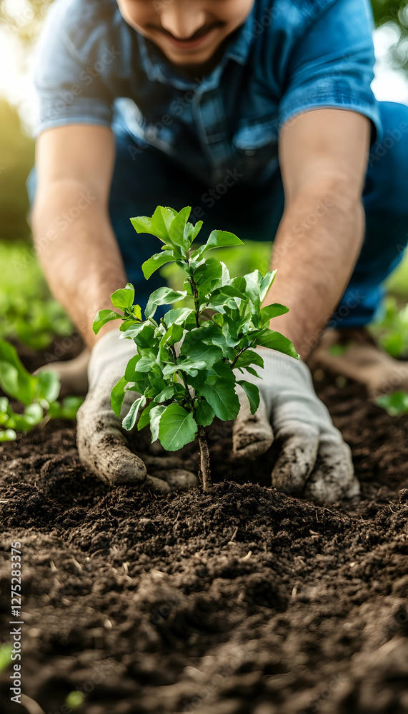 Man planting sapling in garden, sunny day Man planting sapling in garden, sunny day
