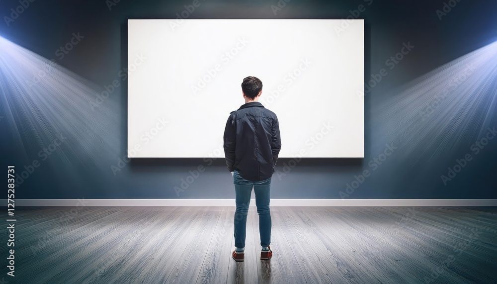 Trendy Hipster Gazing into an Empty Canvas in a Contemporary Art Gallery, Enveloped by Minimalist Elegance and Creative Tension. Trendy Hipster Gazing into an Empty Canvas in a Contemporary Art Gallery, Enveloped by Minimalist Elegance and Creative Tension.