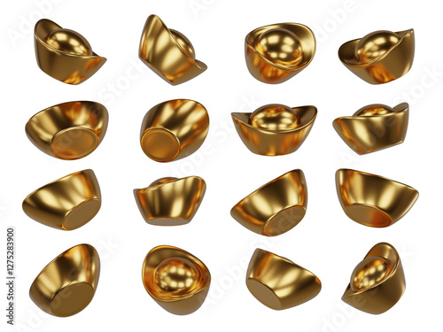 Chinese new year decorations gold yuan bao ingot high-resolution High-quality 3D rendering wallpaper object PNG