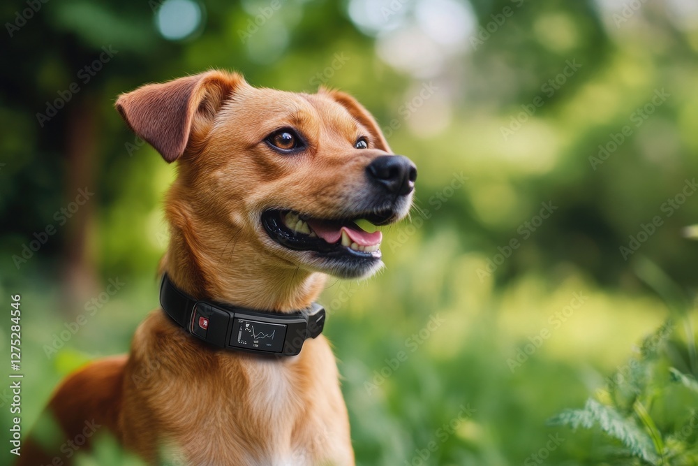 Digital pet collar with a GPS tracker and activity monitor, on a dog in a lush park Digital pet collar with a GPS tracker and activity monitor, on a dog in a lush park