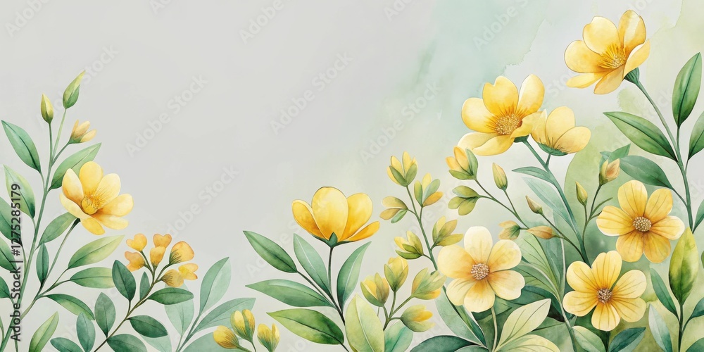 Obraz premium A delicate watercolor illustration featuring a serene arrangement of pale yellow blossoms and verdant foliage, creating a tranquil and elegant botanical composition.