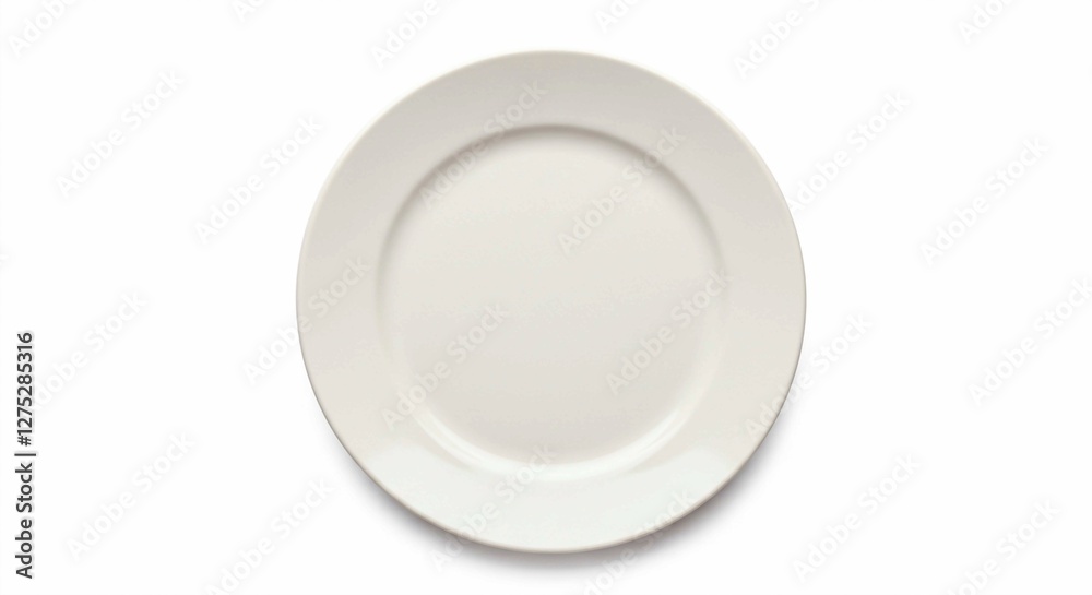 The simplicity of this round white dinner plate, centered and shadow-enhanced, makes it a perfect element for food-related imagery The simplicity of this round white dinner plate, centered and shadow-enhanced, makes it a perfect element for food-related imagery