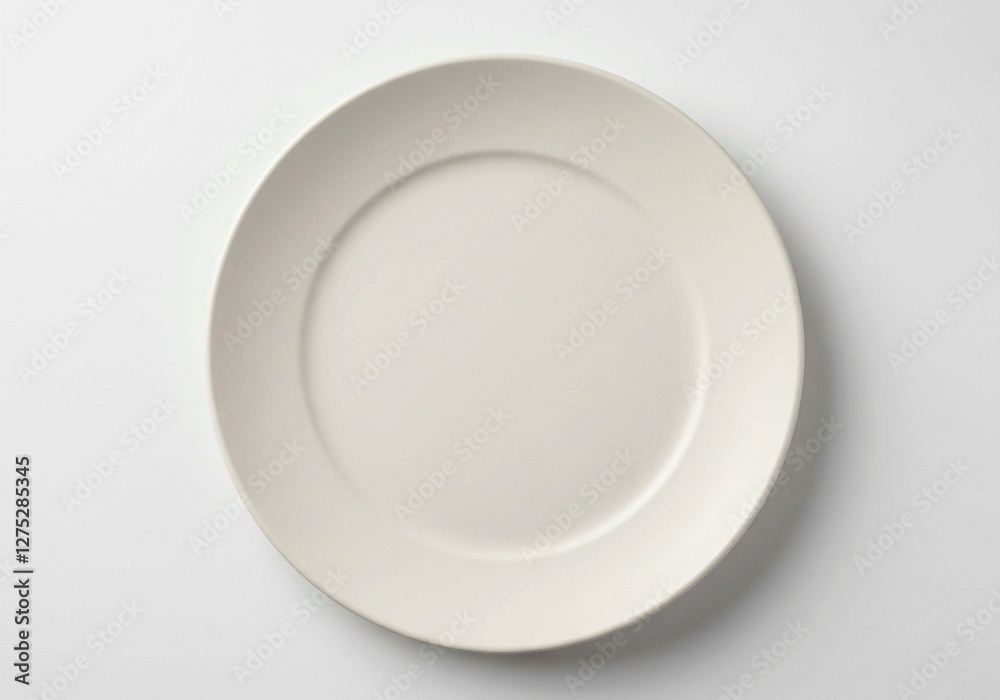 Against a white backdrop, a pristine white dinner plate highlights minimalist elegance and provides a blank slate for culinary art Against a white backdrop, a pristine white dinner plate highlights minimalist elegance and provides a blank slate for culinary art
