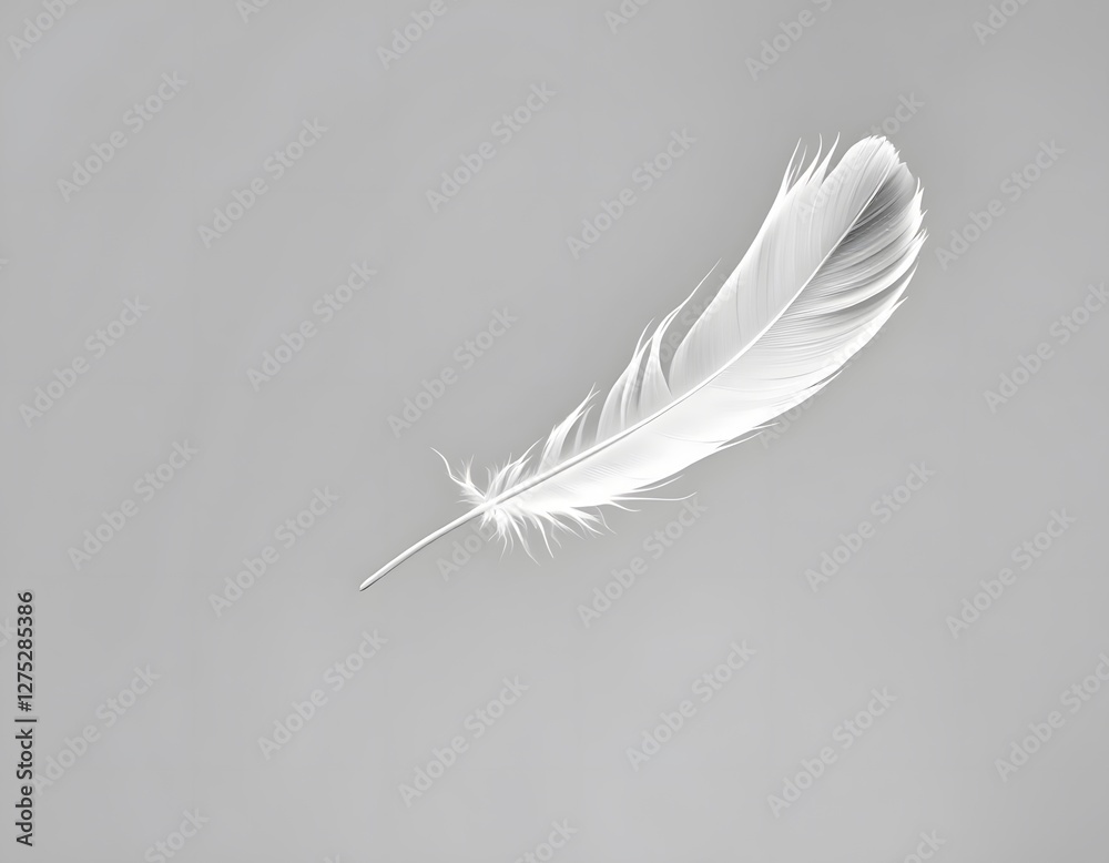 Obraz premium Isolated White Feather Floating on Gray Background Symbolizing Lightness
