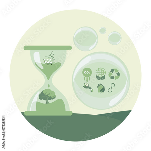 Life cycle assessment concept with Hourglass and Eco Symbols.