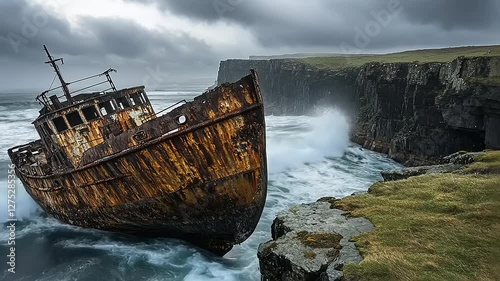 A rusted shipwreck rests near rugged cliffs, surrounded by turbulent ocean waves under gray skies.