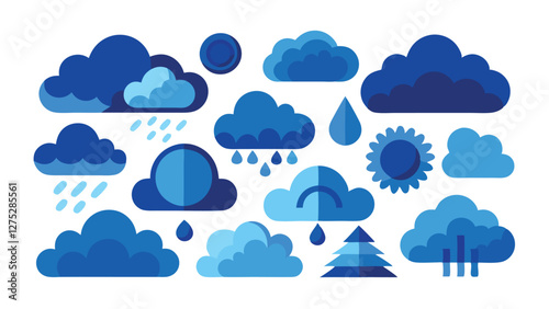 Blue Cloud Icon Set with Rain and Weather Symbols on Transparent Background