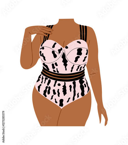 Plus size curvy Woman in modern swimsuit. Beach underwear. Body positive, fat acceptance, lifestyle, fashion concept. Hand drawn Vector illustration isolated 