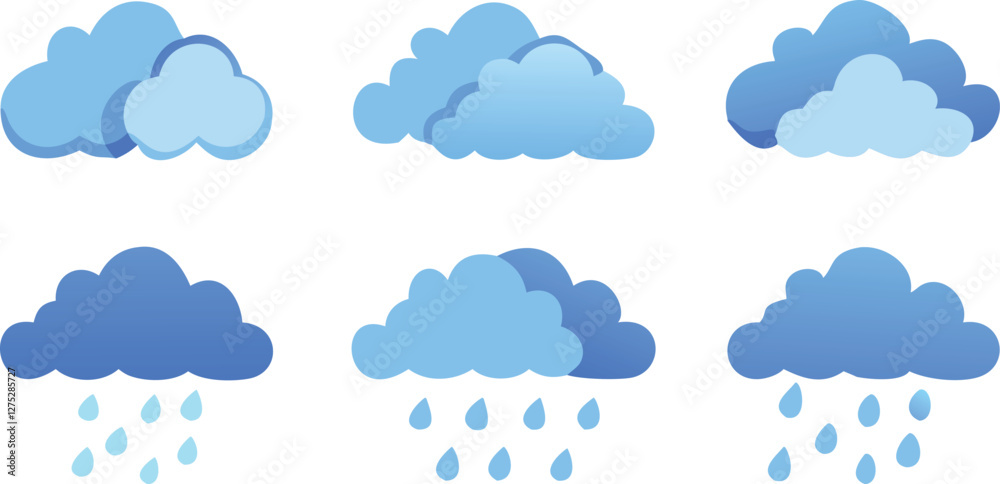 Blue Cloud Icon Set with Rain and Weather Symbols on Transparent Background