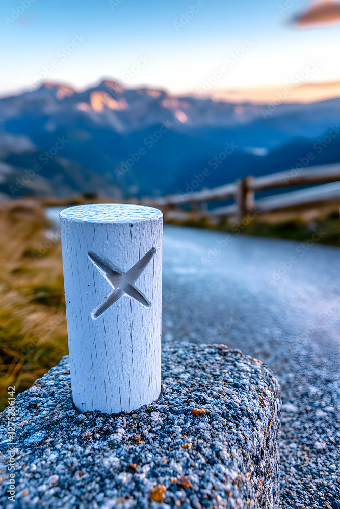 Mountain road marker at sunset, scenic view Mountain road marker at sunset, scenic view
