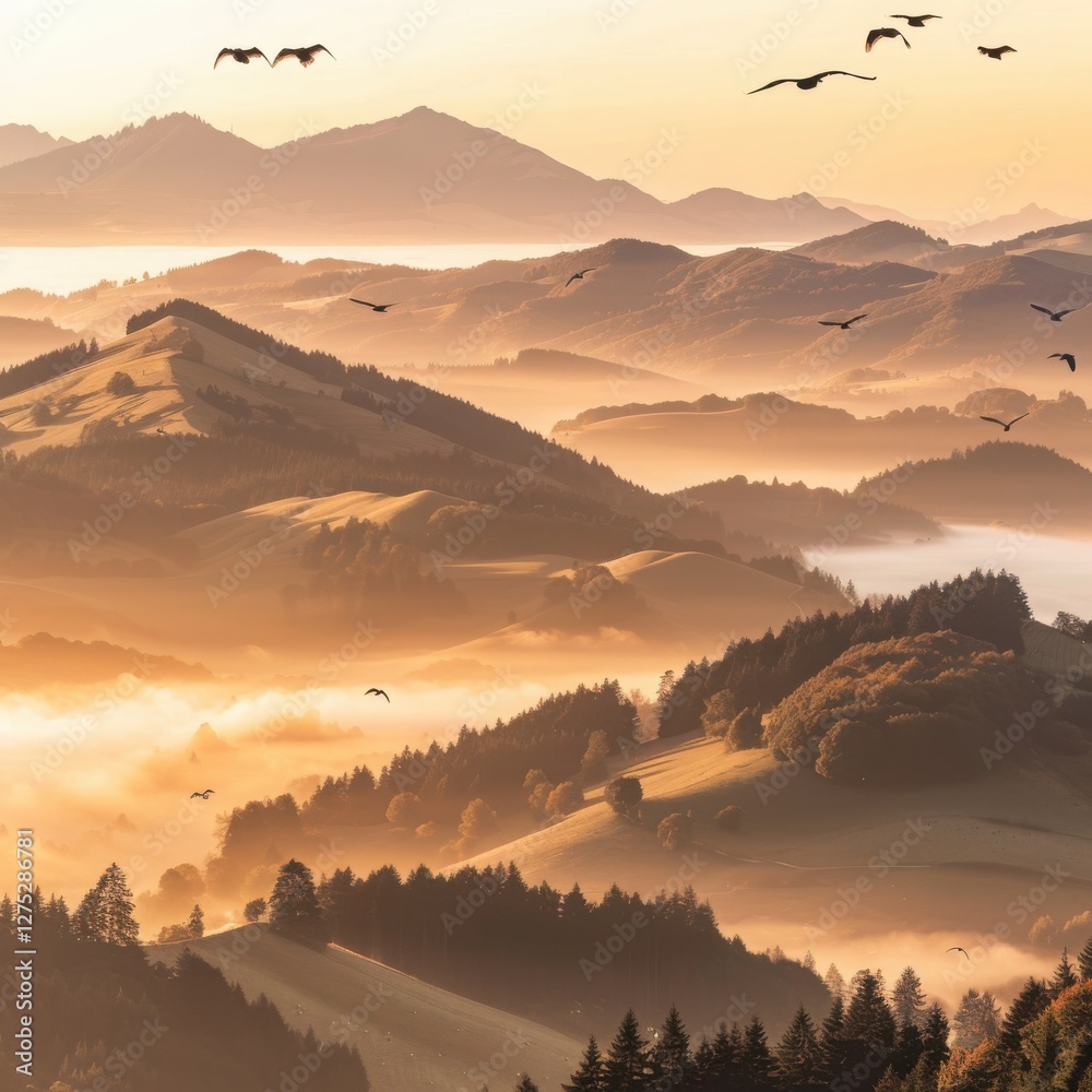 Obraz premium A serene landscape at dawn, featuring rolling hills, mist, and birds soaring over the tranquil scenery.