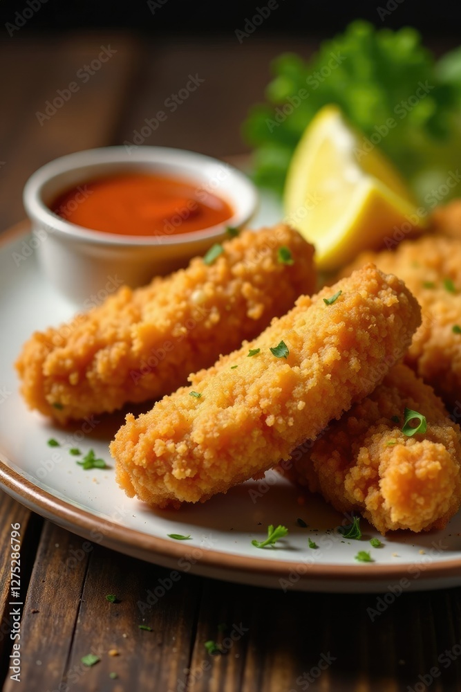 Wooden table with crispy fried chicken nuggets served with a side of tangy dipping sauce and a squeeze of lemon juice, tangy, fried Wooden table with crispy fried chicken nuggets served with a side of tangy dipping sauce and a squeeze of lemon juice, tangy, fried