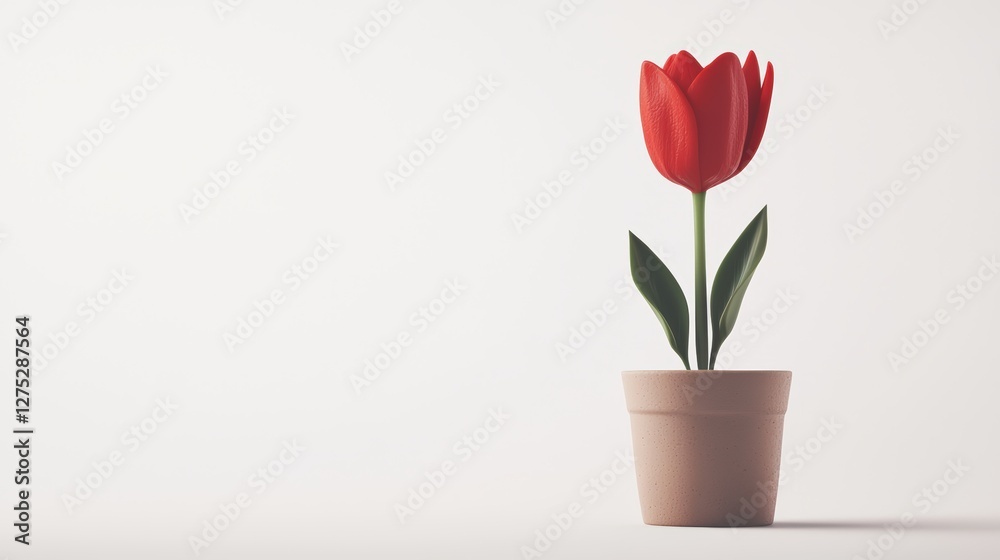 Elegant Red Tulip in a Simple Pot Against a White Background Elegant Red Tulip in a Simple Pot Against a White Background