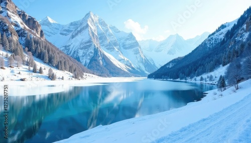 The Ossola Valley with a frozen lake and snow-covered mountains in the distance, snowy, nature