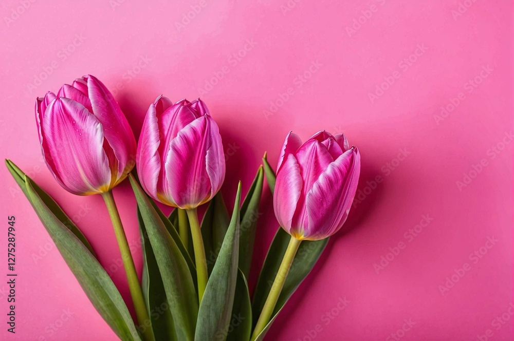 Fototapeta premium Three pink tulips are arranged in a row on a pink background
