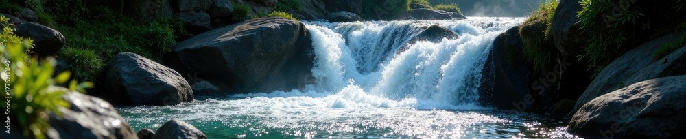 Fototapeta premium Sparkling water cascades down the rocky slope, nature, rocky slope, waterfall