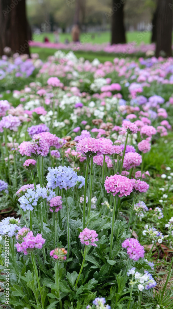 Colorful flowers blooming in vibrant garden landscape Colorful flowers blooming in vibrant garden landscape