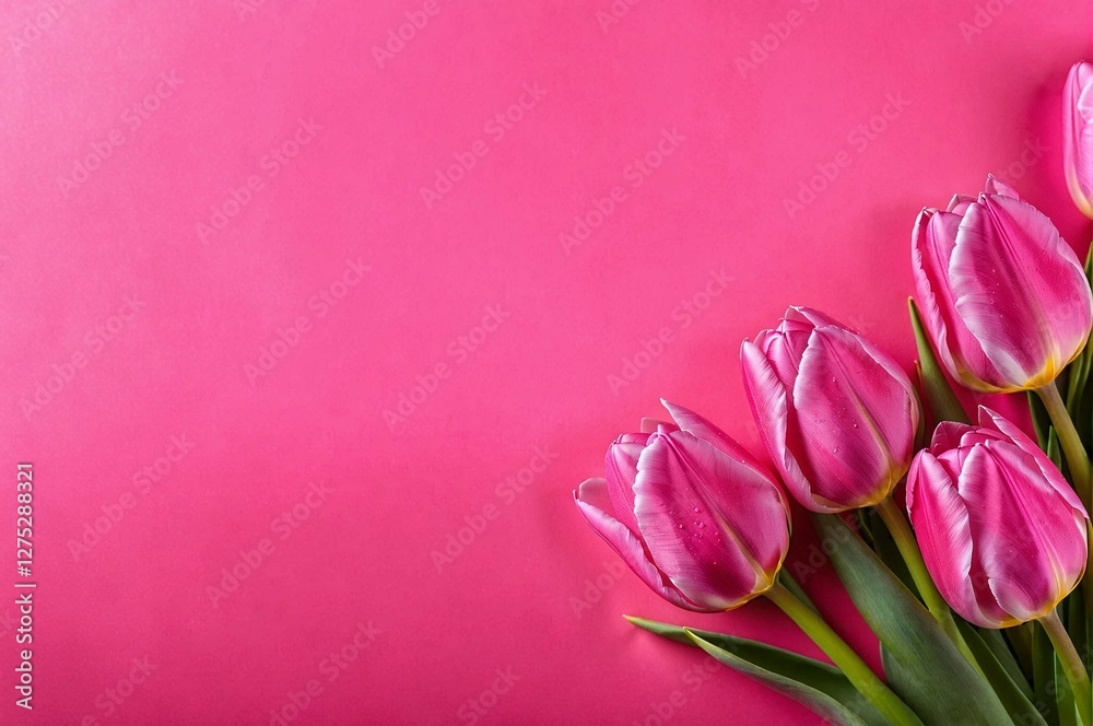 Fototapeta premium Three pink tulips are arranged in a row on a pink background