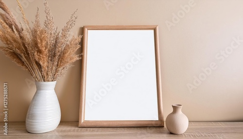 Beige Wall Accent Vintage Vase and Deserted Dry Plants Set Amidst a Warm, Rustic Frame, Evoking Serene Tranquility and a Sense of Timeless Elegance.