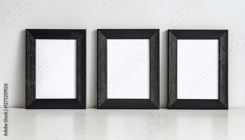 Vertical Set of Four Black Picture Frames against a White Wall Minimalist Elegance Meets Modern Artistry, Ideal for Home Decor or Digital Art
