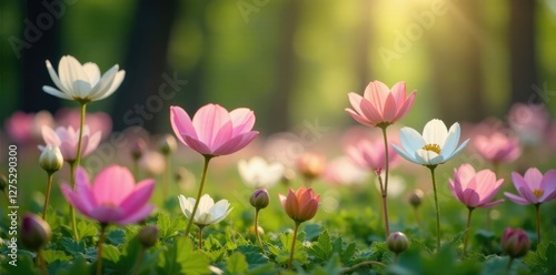 Soft petals of anemones in a forest meadow, delicate white and pink hues, nature, meadow