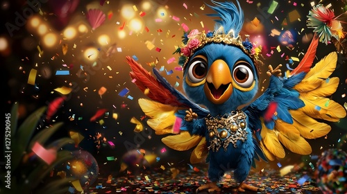 Vibrant and energetic blue parrot caught its wings spread wide and confetti bursting in the air surrounded by a festive scene of colorful party lights and that enhance the lively and joyful mood