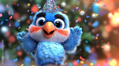 Beautifully rendered 3D scene featuring a charming blue parrot joyfully celebrating with vibrant confetti wearing a sparkling party hat surrounded by an atmosphere of joy and festivity