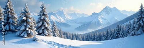 Snowy landscape with tall Christmas trees and frosty mountains, , snowy trees