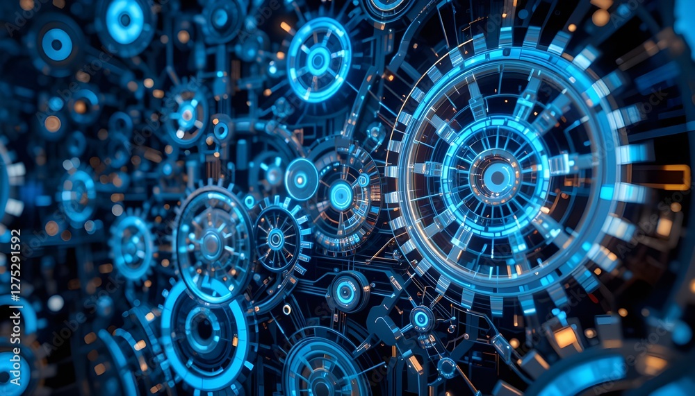 A captivating array of glowing blue cogwheels in an abstract technological background creates a dynamic and futuristic visual show that embodies innovation and advancement in the field of technology. A captivating array of glowing blue cogwheels in an abstract technological background creates a dynamic and futuristic visual show that embodies innovation and advancement in the field of technology.