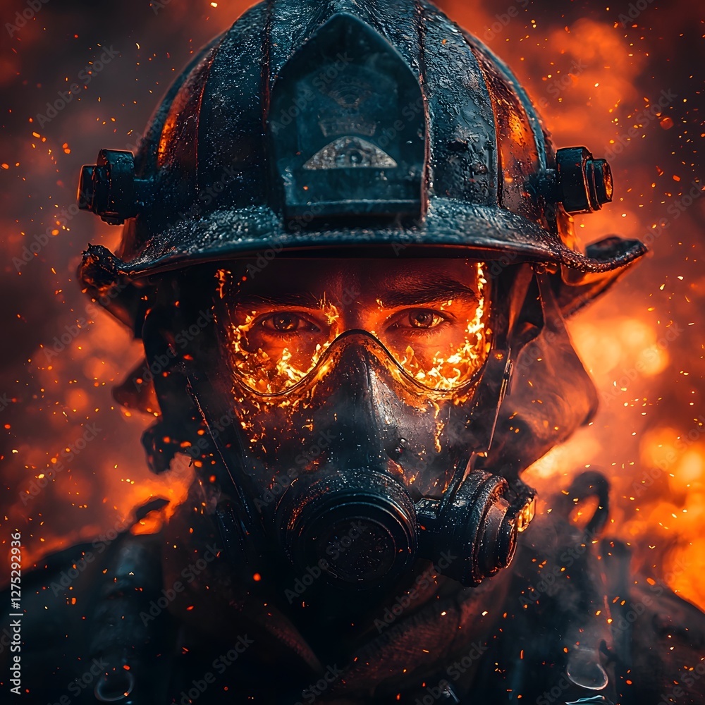 Fierce Portrait of a Determined Firefighter Battling Raging Flames Amid Chaos and Peril Fierce Portrait of a Determined Firefighter Battling Raging Flames Amid Chaos and Peril