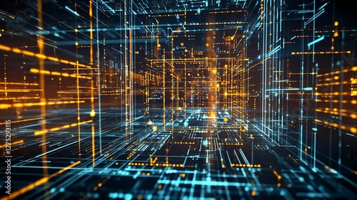 Futuristic cyberspace grid with blue and orange glowing lines and particles