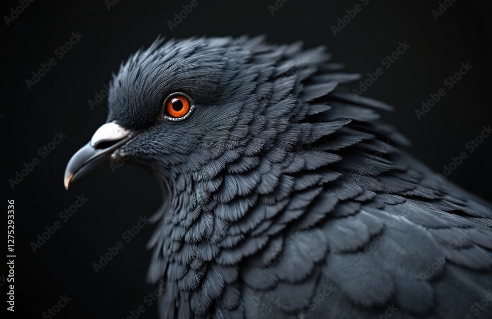 Close-up photo of grey pigeon with bright orange eye on black background. Detailed feathers texture. Bird looks left. Beautiful soft plumage. Dark colours. Elegant avian. Close-up photo of grey pigeon with bright orange eye on black background. Detailed feathers texture. Bird looks left. Beautiful soft plumage. Dark colours. Elegant avian.