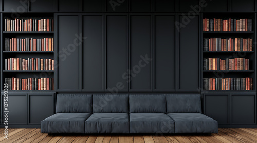 Dark Library Interior with Plush Sofa and Bookshelves