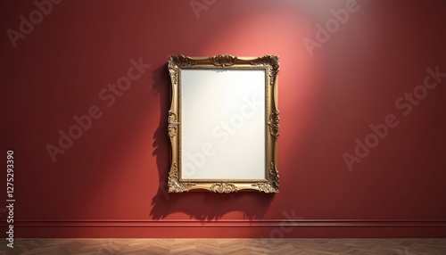 Gilded ornate frame on royal red wall at art gallery, auction house. Blank template, empty white copyspace for mockup design artwork. Exhibition master visual.
