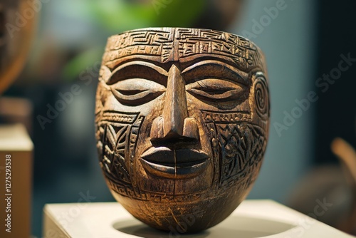 A creative coconut shell mask with tribal carvings, displayed as part of a cultural exhibit photo