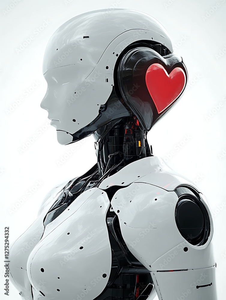 Futuristic robot head wearing heart, studio Futuristic robot head wearing heart, studio