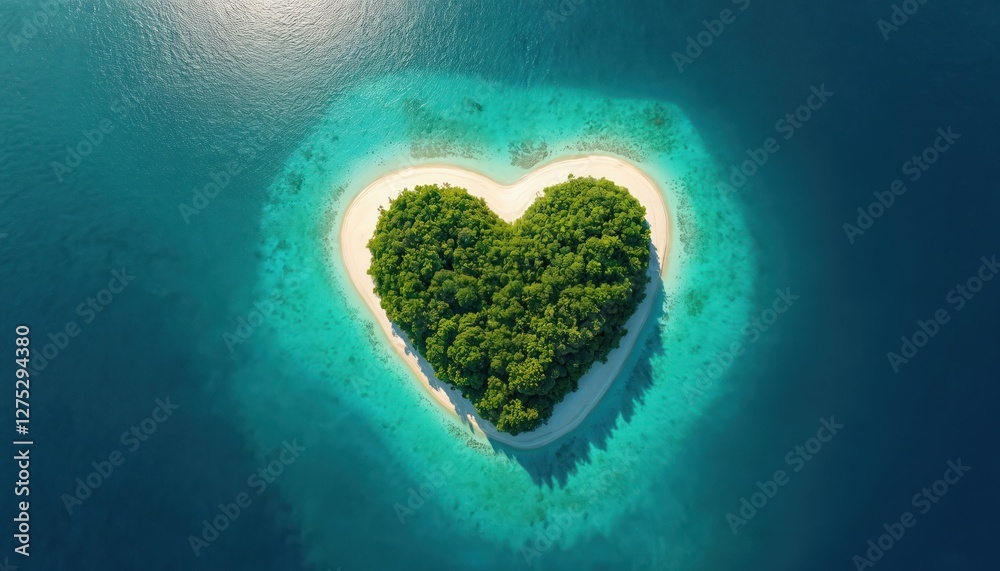Aerial view of heart shape island with green trees and white sand beach in blue ocean lagoon. Tropical paradise for valentine travel, romantic vacation, honeymoon trip. Aerial view of heart shape island with green trees and white sand beach in blue ocean lagoon. Tropical paradise for valentine travel, romantic vacation, honeymoon trip.