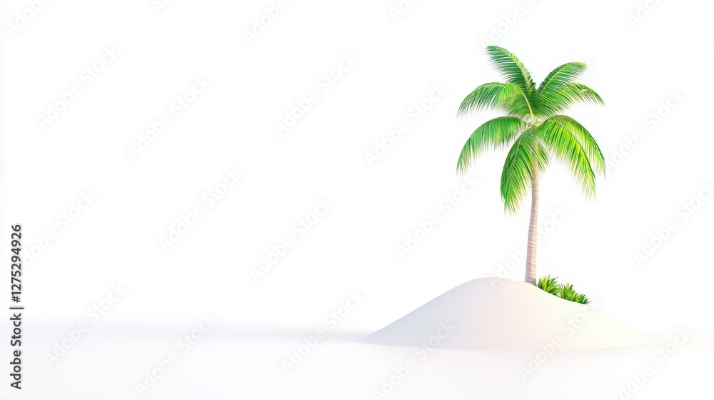 Obraz premium Tranquil Isolated Tropical Island with Lush Palm Tree and White Sand
