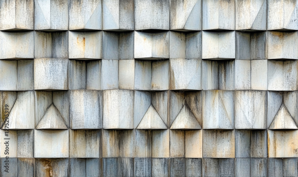 Geometric concrete wall design featuring a pattern of raised shapes and textures Geometric concrete wall design featuring a pattern of raised shapes and textures