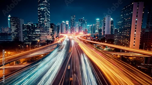 A Captivating Time-Lapse of Nighttime Cityscape with Streaking Car Lights