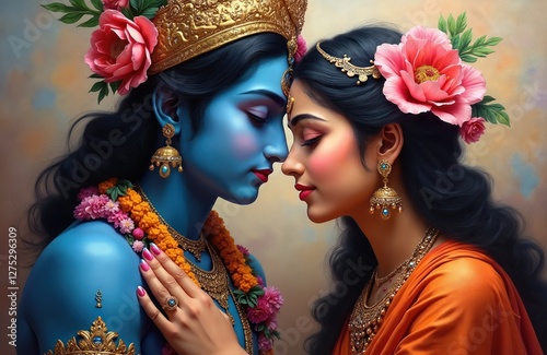 Lord Radha Krishna artwork. Hindu deities in love. Colorful oil painting wall poster with textured details, devotional mood, traditional Indian art, spirituality, religion, hinduism themes.