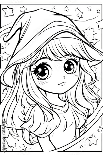 Cute witch girl, starry night, coloring page, fantasy art photo