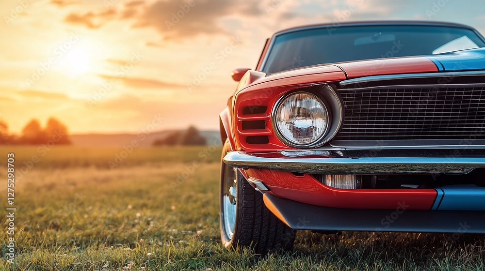 Classic muscle car parked in a sunlit field during sunset, showcasing vibrant colors and serene landscape Classic muscle car parked in a sunlit field during sunset, showcasing vibrant colors and serene landscape
