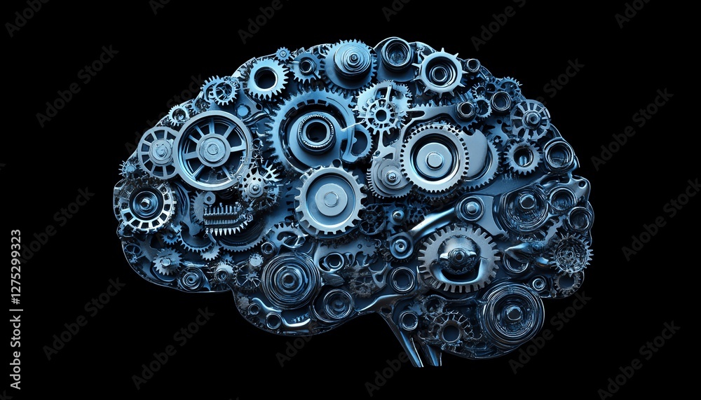 Obraz premium A futuristic human brain formed from spinning gears, illustrating the inner workings of the mind and thought processes at work