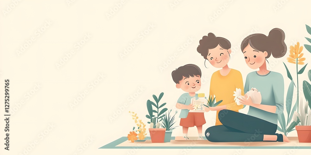 Happy Family Gardening Together: A Delightful Illustration of Mother, Son, and Daughter Nurturing Plants and a Pet Happy Family Gardening Together: A Delightful Illustration of Mother, Son, and Daughter Nurturing Plants and a Pet