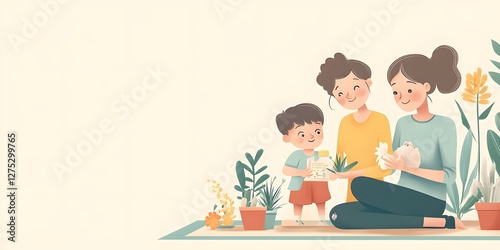Happy Family Gardening Together: A Delightful Illustration of Mother, Son, and Daughter Nurturing Plants and a Pet