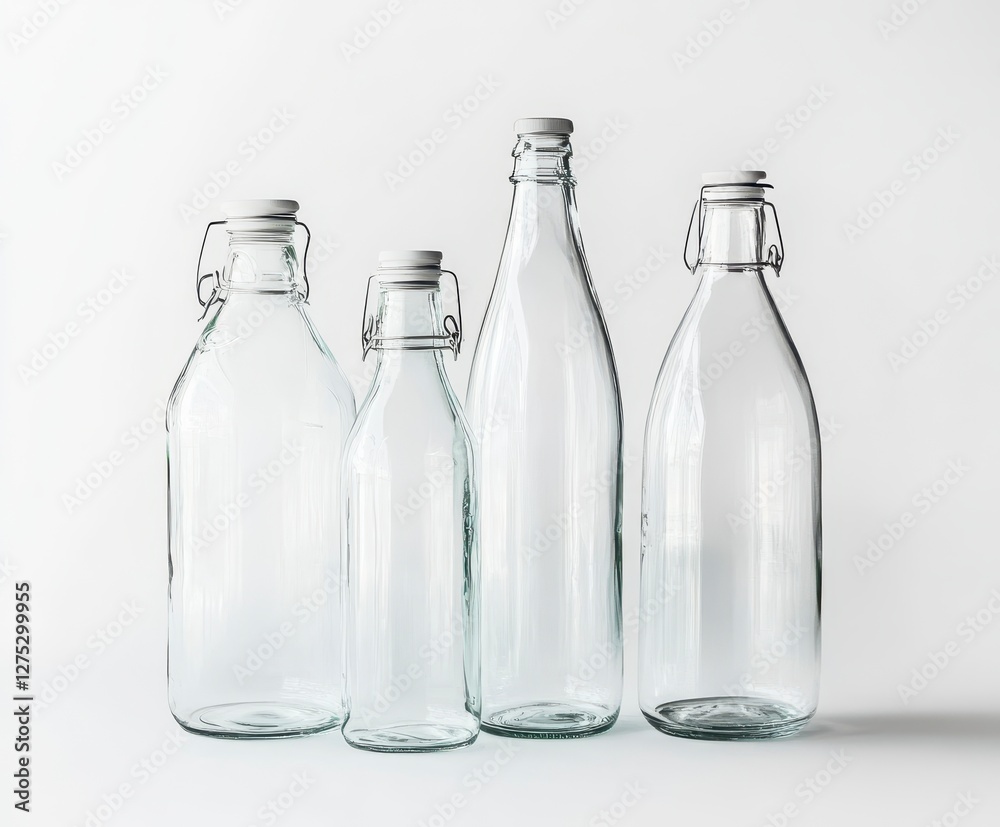 Assorted Clear Empty Glass Bottles Grouped Together on a White Background Studio Shot Assorted Clear Empty Glass Bottles Grouped Together on a White Background Studio Shot