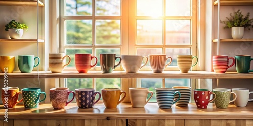 Wallpaper Mural Sunlit Windowsill Display of Colorful Coffee Mugs on Wooden Shelves Torontodigital.ca